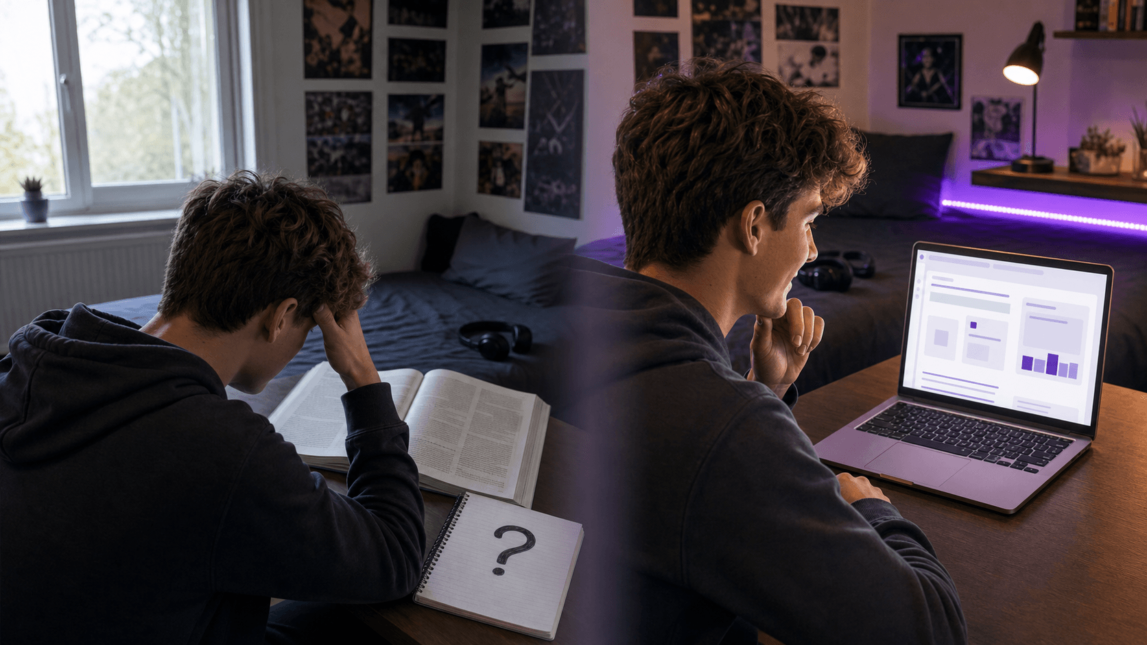 Dezelfde leerling krijgt eerst algemene uitleg uit een boek en daarna uitleg van AI die bij hem past