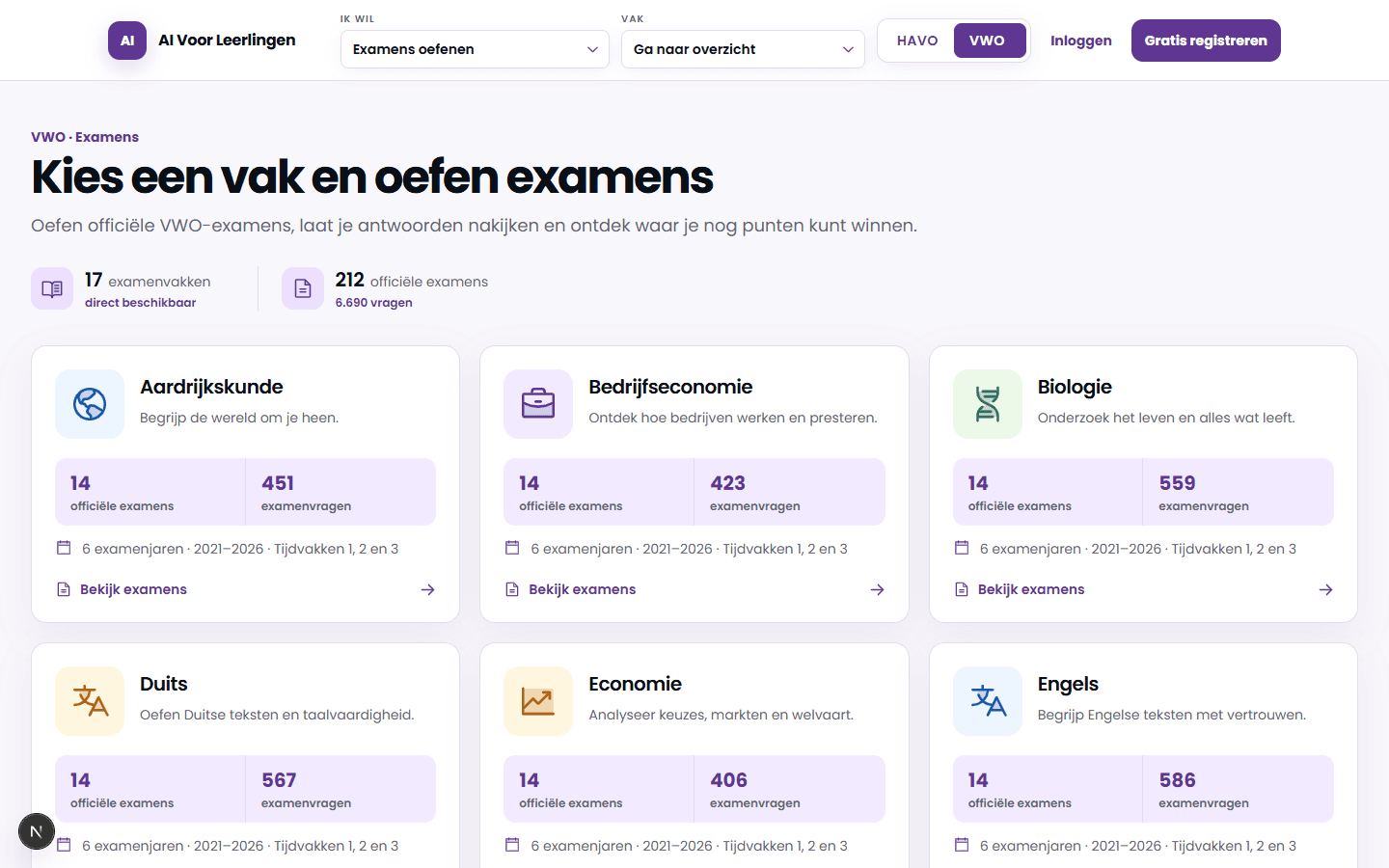 Nieuwe VWO-examenpagina met actuele aantallen en examenvakken