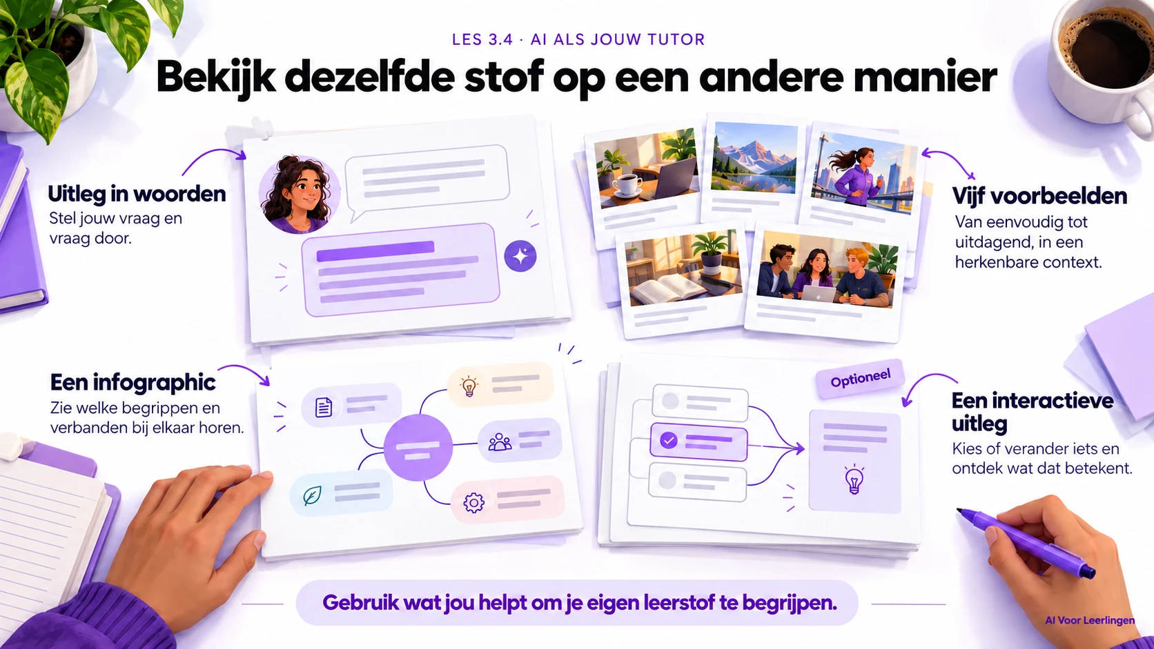 Gebruik je eigen leerstof en kies wat je helpt: uitleg in woorden op jouw niveau, vijf herkenbare voorbeelden, een infographic met verbanden of optioneel een interactieve uitleg waarin je iets kiest of verandert.