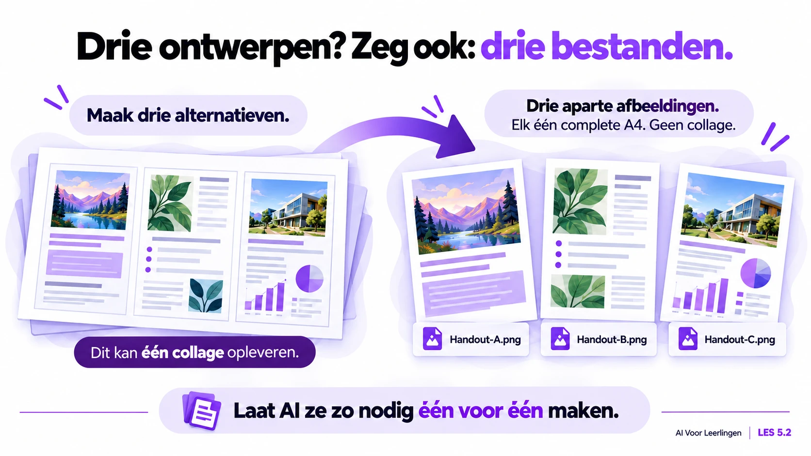 Corrigeer één collage naar drie losse, volledige A4-afbeeldingen. Benoem precies welke uitvoer je wilt en laat de ontwerpen zo nodig één voor één maken. Controleer de tekst en het ontwerp.
