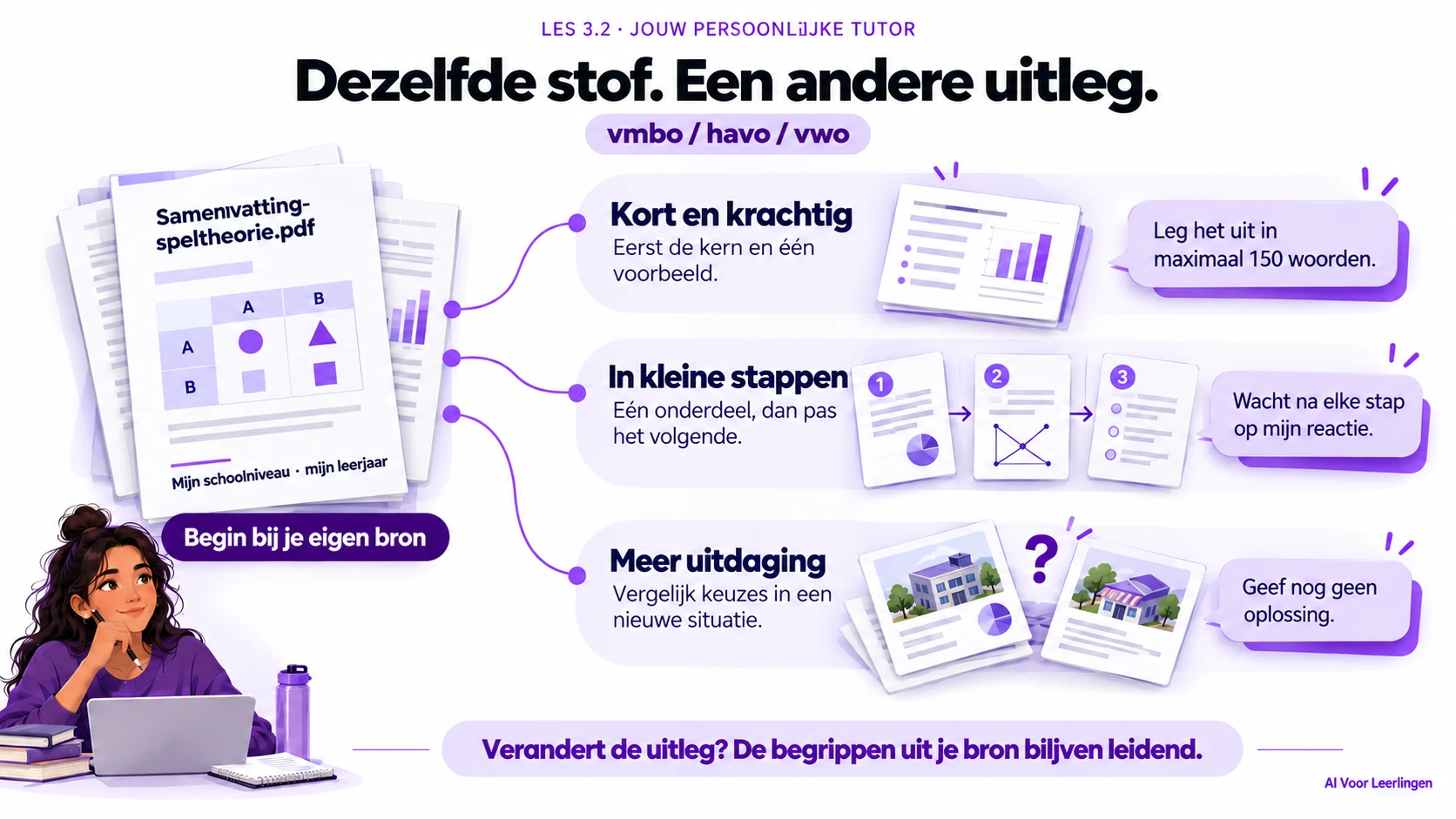Begin bij je eigen bron en kies uitleg die past: kort en krachtig, in kleine stappen of met meer uitdaging. De begrippen uit je bron blijven leidend.