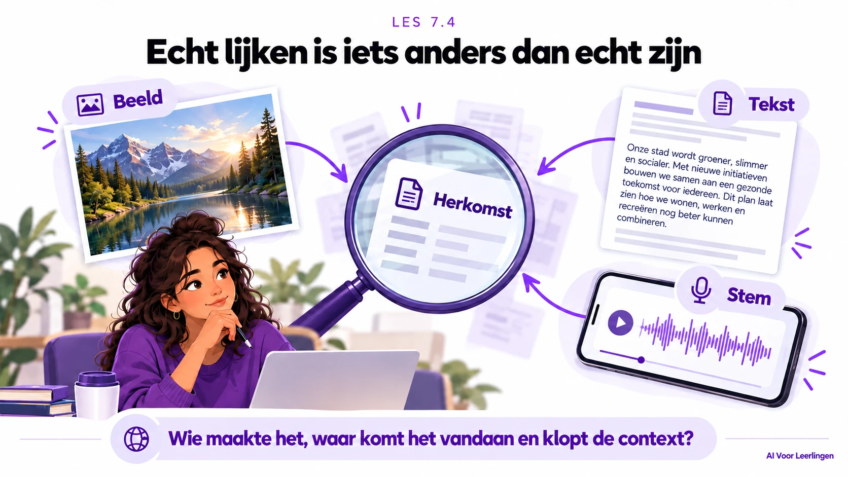 Beeld, tekst en een stem kunnen overtuigend overkomen. Onderzoek de herkomst: wie maakte het, waar komt het vandaan en klopt de context?