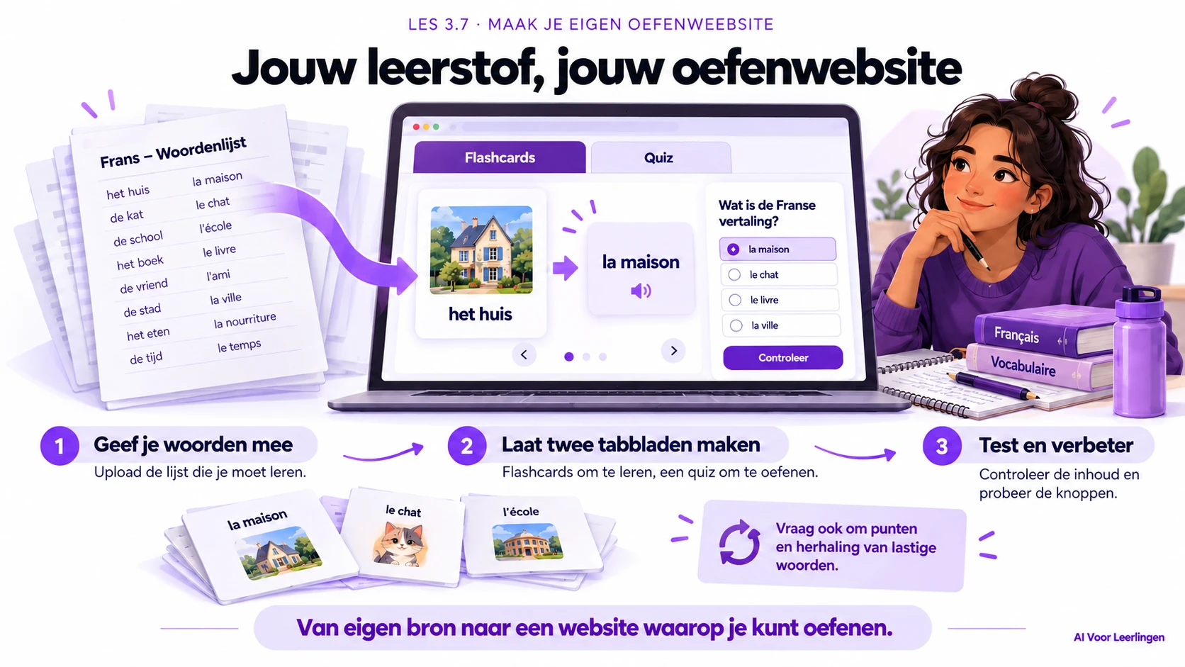 Maak van je eigen woordenlijst een oefenwebsite: upload de woorden, laat tabbladen met flashcards en een quiz maken en controleer de inhoud en knoppen. Vraag eventueel om punten en herhaling van lastige woorden.